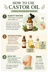Castor oil skincare tips infographic for glowing skin.