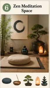 Zen meditation space with bonsai plant and soft lighting