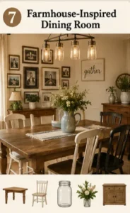 Farmhouse-inspired dining room with rustic wood table and vintage decor