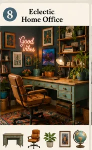 Eclectic home office with colorful decor and creative workspace