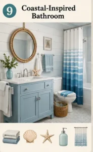 Coastal-inspired bathroom with ocean blue accents and beach decor