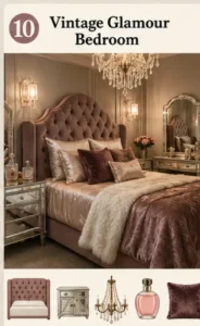 Vintage glamour bedroom with velvet bed and crystal chandelier