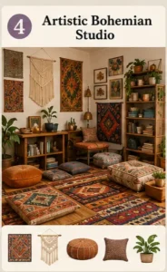 Artistic bohemian studio with colorful rugs and floor cushions