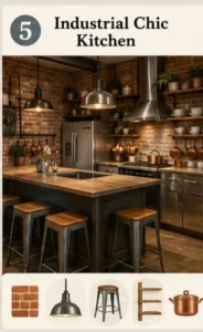Industrial chic kitchen with exposed brick and metal accents