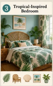 Tropical-inspired bedroom with palm prints and rattan decor