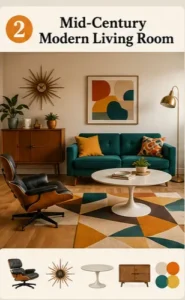 Mid-century modern living room with retro furniture and bold accents