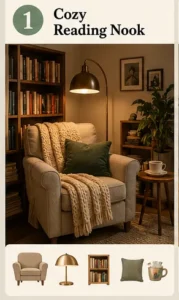 Cozy reading nook with armchair, bookshelf, and warm lighting