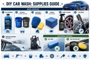 DIY car wash supplies infographic with shampoo, buckets, mitt, towels, wheel cleaner, and wax
