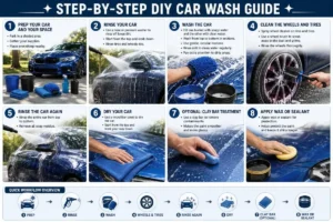 Step-by-step DIY car wash guide infographic showing rinse, wash, dry, clay bar, and wax process
