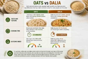 Both oats and dalia provide valuable health benefits, but there are some key differences that may make one better suited for some people over the other. Taste and Texture Oats have a mild, slightly sweet flavor and creamy, smooth texture when cooked. Dalia has more of a subtle, neutral flavor with a chewy, grain-like consistency. Cooking Time Rolled oats cook faster than dalia. Oats need just a few minutes on the stovetop, while dalia requires 10-15 minutes of simmering to soften completely. Glycemic Index The glycemic index measures how quickly foods impact your blood sugar levels. Dalia has a lower GI of around 48 compared to oats which have a GI of 55 to 68 depending on how processed they are, making dalia the better choice for controlling blood glucose. In summary, while oats and dalia contain similar amounts of protein and many of the same essential vitamins and minerals, dalia stands out when you are looking for more fiber and fewer carbs. Dalia also has less impact on blood sugar response. Consider your own nutritional preferences when choosing between the two healthy whole grains.